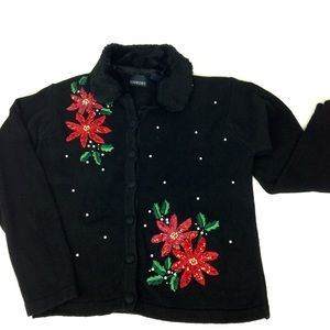 Vintage poinsettia Christmas embellished sweater L
